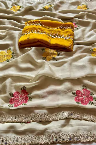 chiku rangoli silk saree with embroidered mirror work