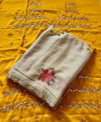 chiku rangoli silk saree with embroidered mirror work 5