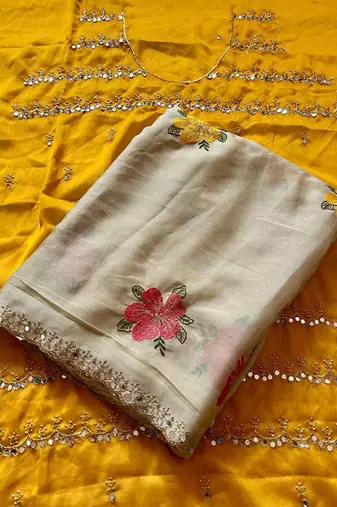 chiku rangoli silk saree with embroidered mirror work