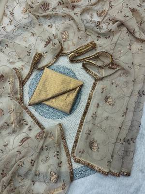 beige silk saree with beads sequins work 1