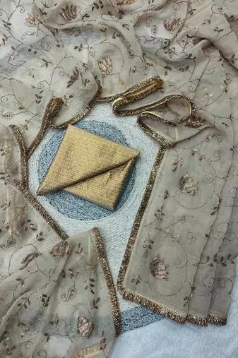 beige silk saree with beads sequins work