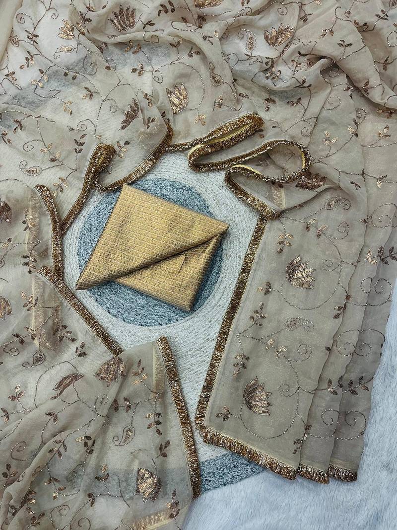 beige silk saree with beads sequins work