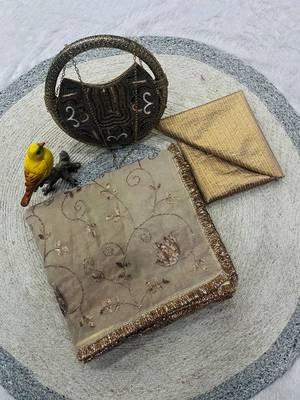 beige silk saree with beads sequins work 4