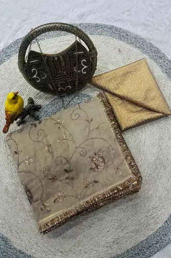 beige silk saree with beads sequins work