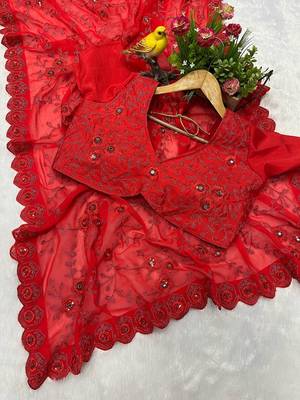 red faux georgette saree with thread work 1
