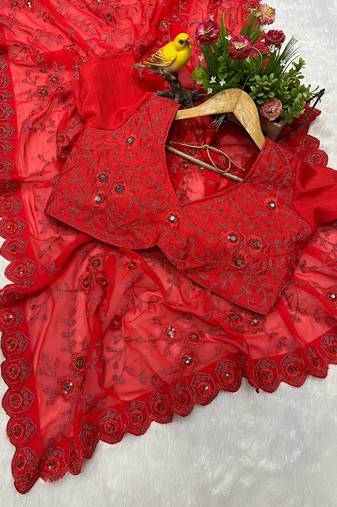 red faux georgette saree with thread work