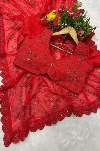 red faux georgette saree with thread work