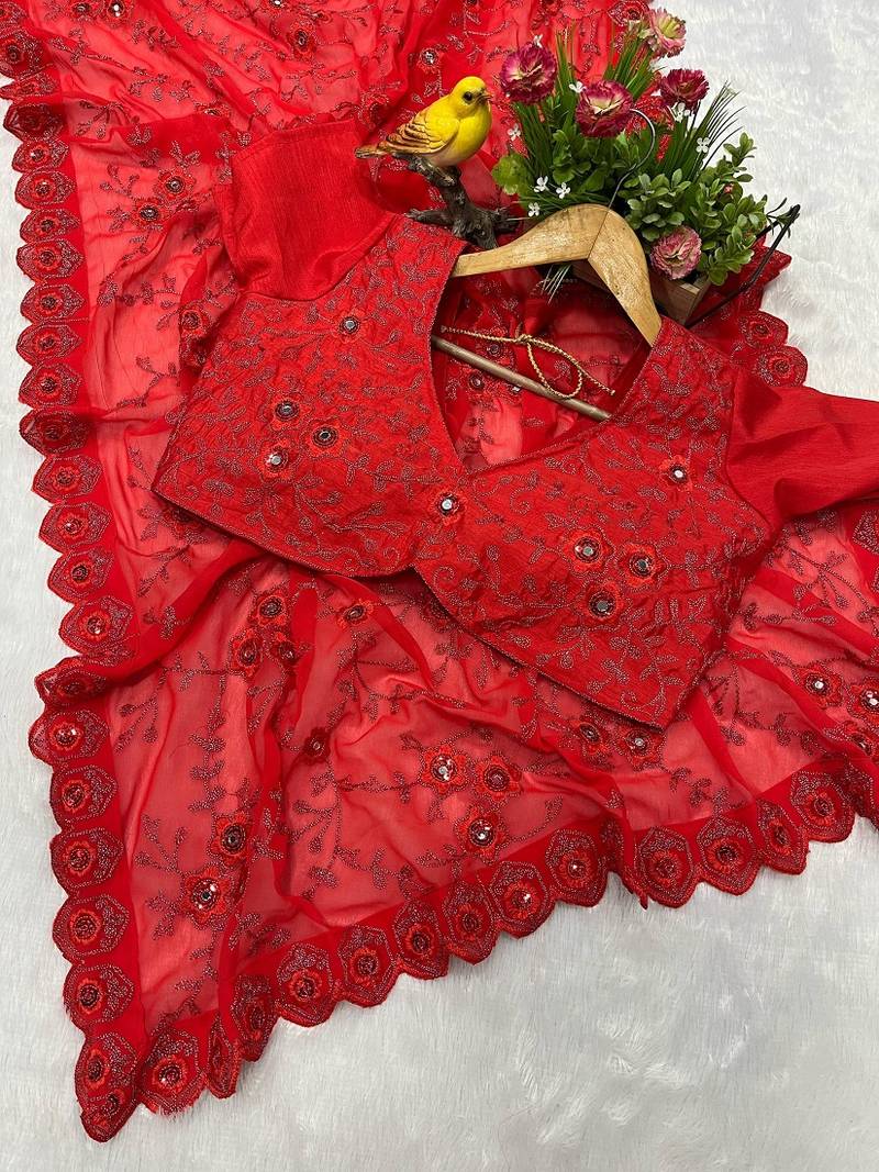 red faux georgette saree with thread work