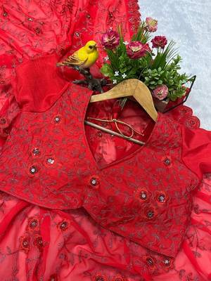 red faux georgette saree with thread work 2
