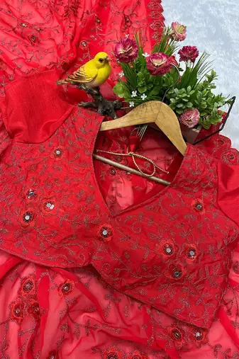 red faux georgette saree with thread work