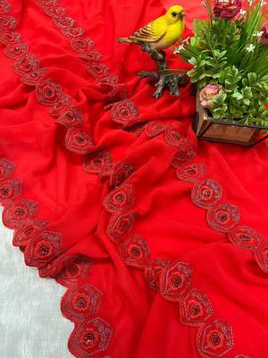 red faux georgette saree with thread work 3