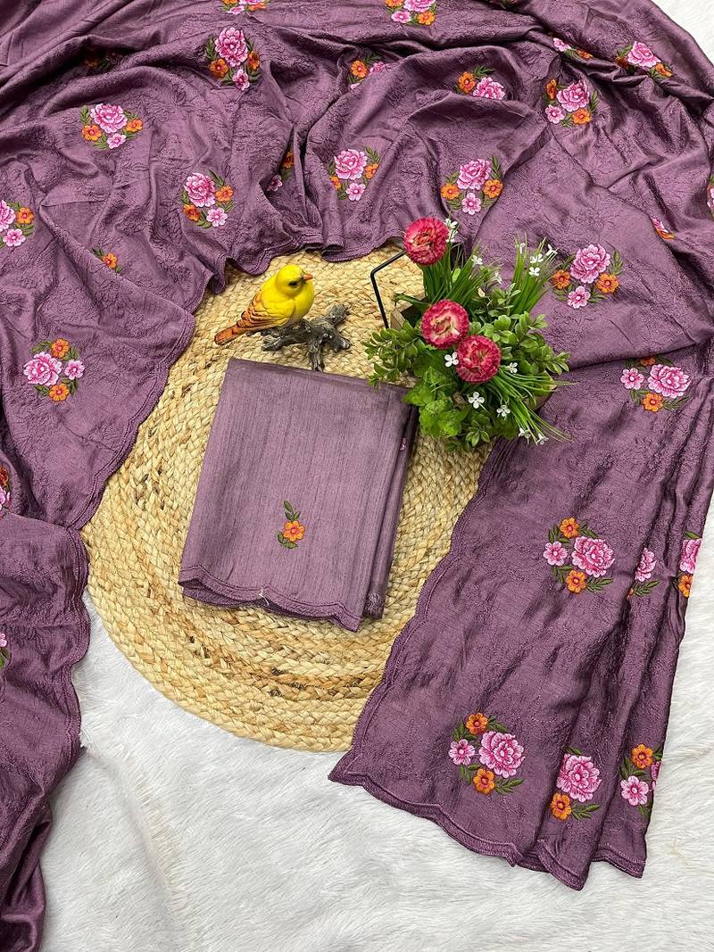 lavender silk saree with multi-thread cutwork designs