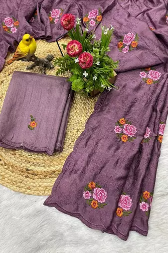 lavender silk saree with multi-thread cutwork designs