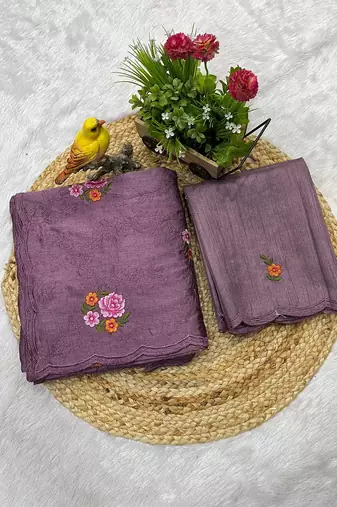 lavender silk saree with multi-thread cutwork designs