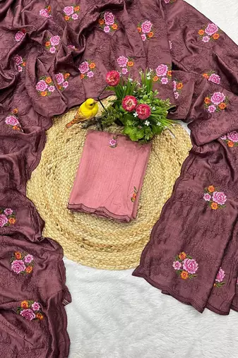 brown silk saree with multi-thread cutwork designs