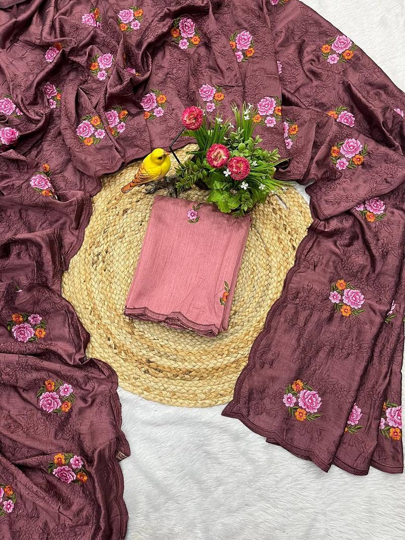 brown silk saree with multi-thread cutwork designs