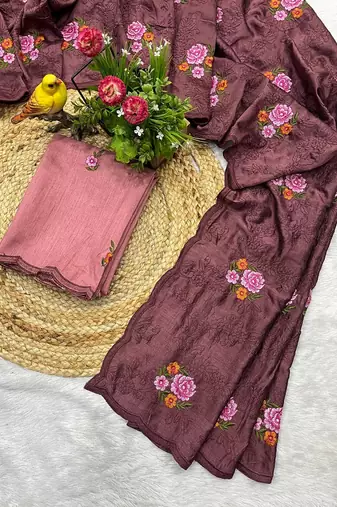brown silk saree with multi-thread cutwork designs