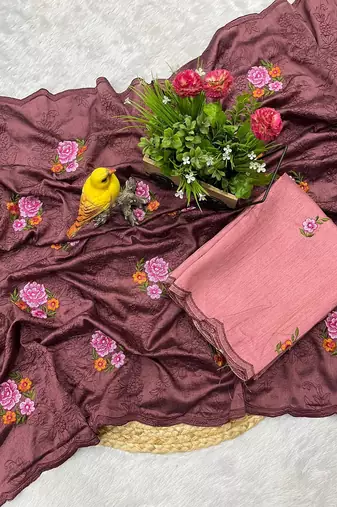 brown silk saree with multi-thread cutwork designs