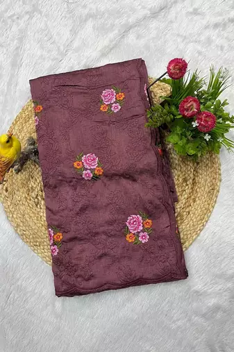 brown silk saree with multi-thread cutwork designs