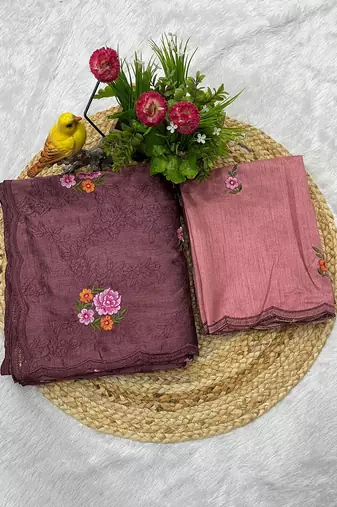 brown silk saree with multi-thread cutwork designs