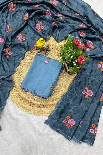 teal blue silk saree with multi-thread cutwork designs