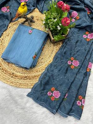 teal blue silk saree with multi-thread cutwork designs 2