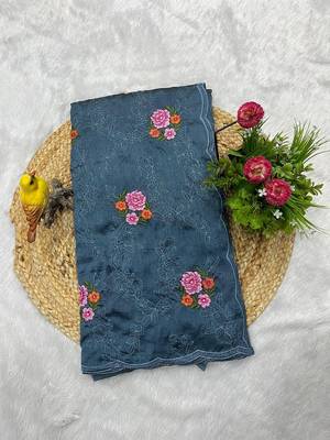 teal blue silk saree with multi-thread cutwork designs 4