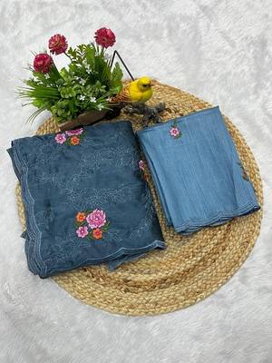 teal blue silk saree with multi-thread cutwork designs 5