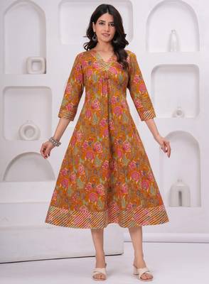 Mustard cotton printed dress 1