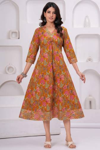 Mustard cotton printed dress