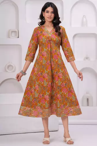 Mustard cotton printed dress