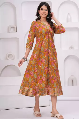 Mustard cotton printed dress
