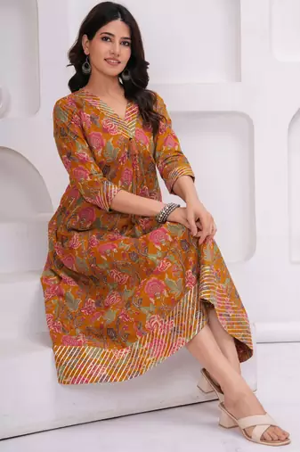 Mustard cotton printed dress