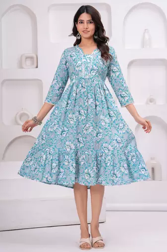Sky-blue cotton printed dress