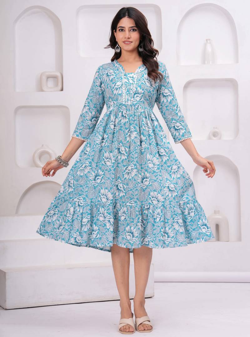 Sky-blue cotton printed dress