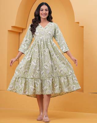 Green cotton printed dress 1