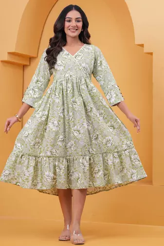 Green cotton printed dress