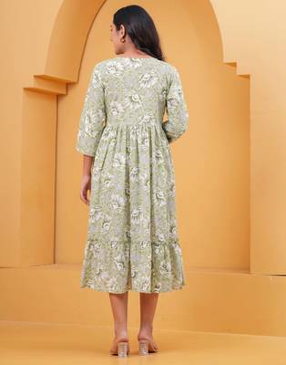 Green cotton printed dress 3