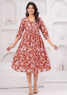 Brown cotton printed dress 1