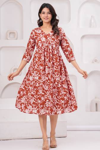 Brown cotton printed dress