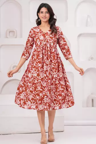 Brown cotton printed dress