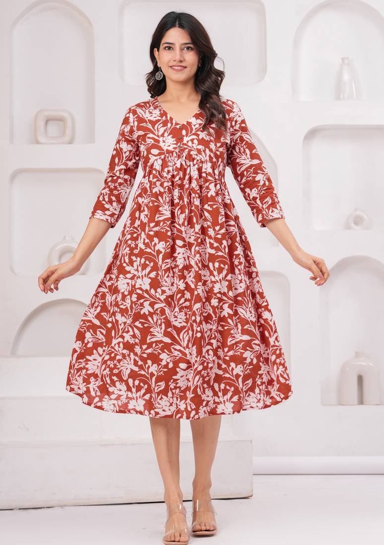 Brown cotton printed dress