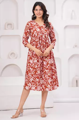 Brown cotton printed dress