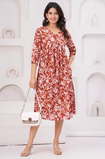 Brown cotton printed dress