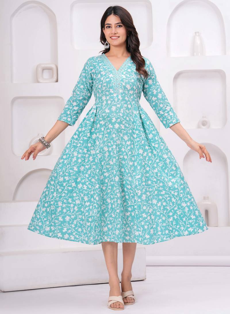 Sky-blue cotton printed dress