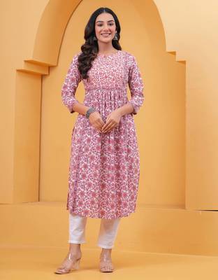 Pink pure cotton printed kurta 1