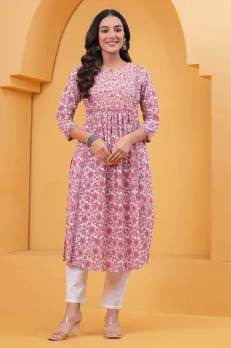 Pink pure cotton printed kurta