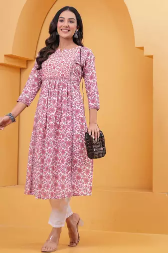 Pink pure cotton printed kurta