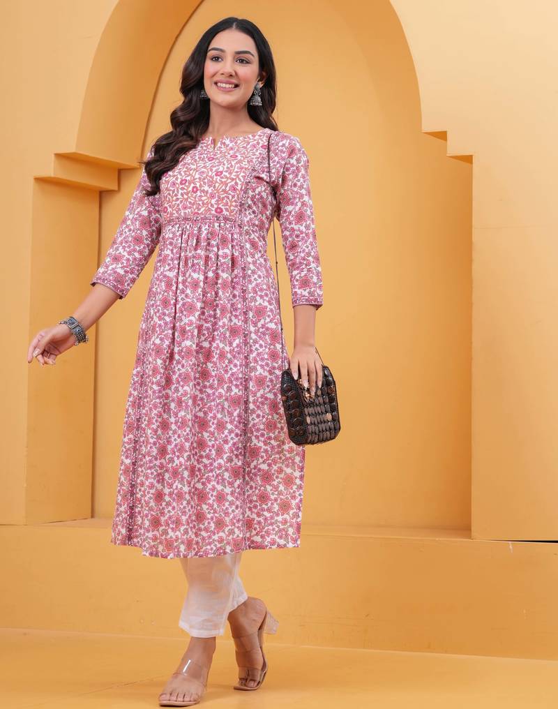 Pink pure cotton printed kurta