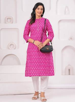 Pink pure cotton printed kurta 5